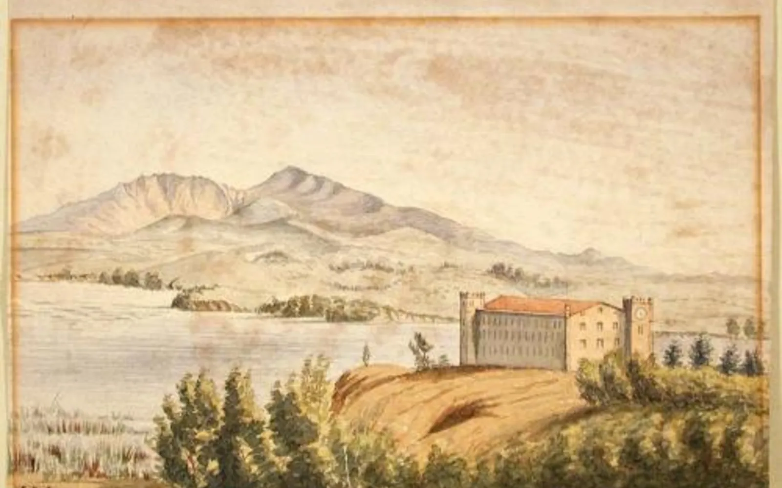A historical watercolor painting of the Benicia Arsenal in California with Mount Diablo visible in the distance