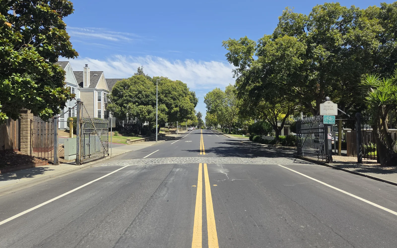 The West Gate of the Benicia Arsenal on Military East Road, showing historic brick buildings